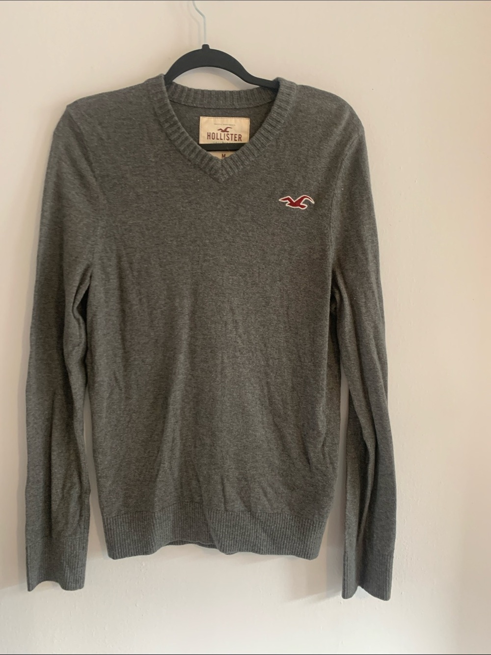 HOLLISTER Gray V-Neck Sweater with Red Logo